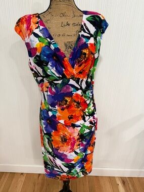 Ralph Lauren Floral Wrap-Style Midi Dress in Orange, Purple, Green & White Artsy